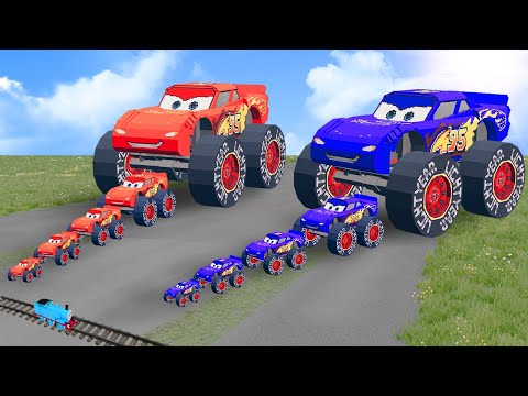 Big & Small: Red and Blue Lego Monster Truck Lightning McQueen vs Thomas Trains | BeamNG.Drive