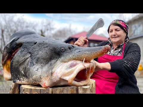 Grandma's Monster STURGEON Head Soup Recipe: Unique Fish Cooking Technique!