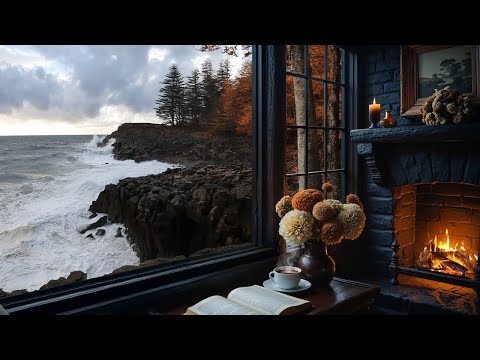 Cozy Seaside Cottage with Crashing Waves & Crackling Fireplace Sounds 🔥 Dark Autumn Ambience 4+ Hrs