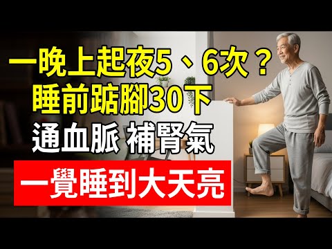 一晚上起夜5、6次？睡前踮腳30下，通血脈、補腎氣，一覺睡到大天亮！#夜尿多 #起夜頻繁 #睡眠不好 #中老年養生 #歲月寶典 #老陳 #腎氣不足 #還陽頓足 #踮腳運動 #睡前養生操