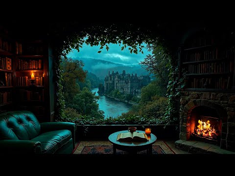 Rainy Castle Library POV 🌧️ | Dark Academia Piano & Fireplace Ambience for Deep Reading