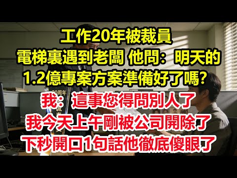 工作20年被裁員，電梯裏遇到老闆 他問：明天的1.2億專案方案準備好了嗎？我：這事您得問別人了，我今天上午剛被公司開除了！下秒開口1句話他徹底傻眼了！#情感 #爽文 #職場 #生活 #總裁