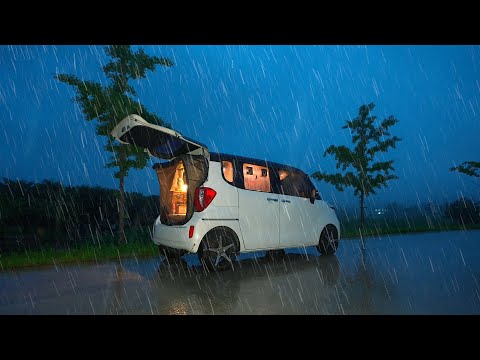 Car camping with heavy rain