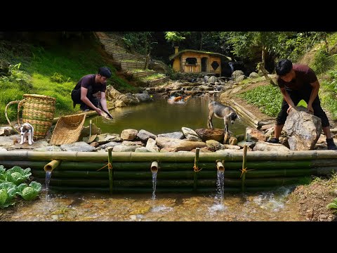 I Built a Bushcraft House by the Waterfall Without Nails | With a Pool, Fish Pond & Garden