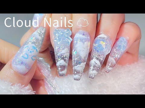 ASMR | Dreamy Sky Cloud Nails ☁️🩵 Gel Extensions & Drawing Art! Brush Cleaning / Glitter Nails