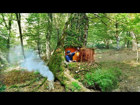 Building a Secret Underground Shelter Deep Inside Big Oak Tree, bushcraft, survival