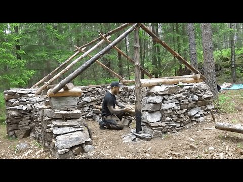 Build a Complete House with Stone Walls and a Wooden Roof - My Bushcraft Life