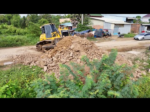 Great Start Project! Land Filling Operation Bulldozers Skillfully Push Stone & Soil with Dump Trucks