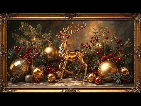 Santa's Reindeer Gold Frame TV Art 4K Vintage Christmas Screensaver with frame, framed Christmas Art