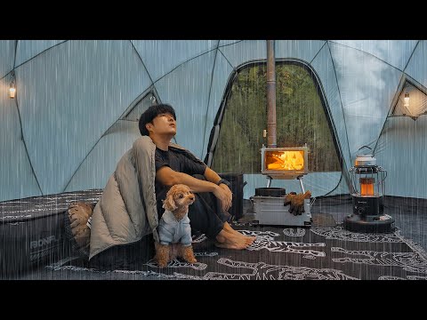 Camping in Heavy Rain with My Dog . Perfect Hot Tent . Wood Stove ASMR