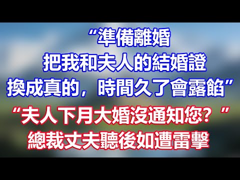 “準備離婚，把我和夫人的結婚證換成真的，時間久了會露餡”，助理：“夫人下月大婚沒通知您？”總裁丈夫聽後如遭雷擊