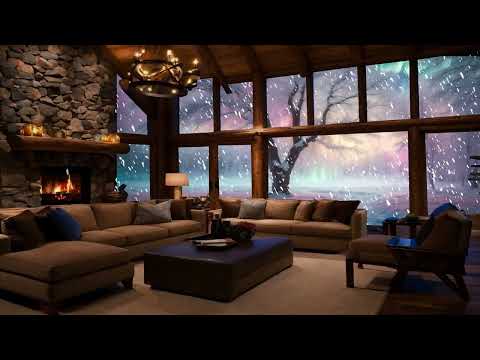 Forest Luxury Living Room On Snowy Day | Snow on window and Fireplace To Relax, christmas ambience