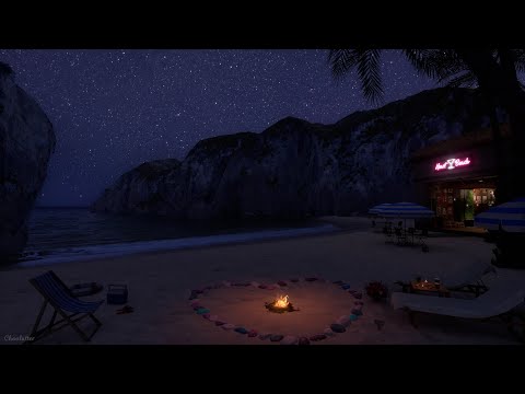 Serene Night Beach Ambience | Wave, Crackling Fire Sounds For Sleeping
