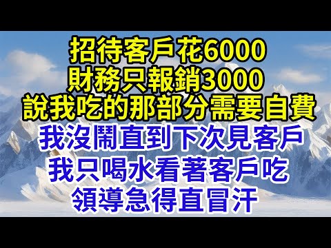 招待客戶花6000，財務只報銷3000，說我吃的那部分按規定需要自費，我沒鬧直到下次見客戶，我只喝水看著客戶吃，領導急得直冒汗#故事分享 #故事頻道#故事 #情感故事 #一口气看完  #故事 #奇聞