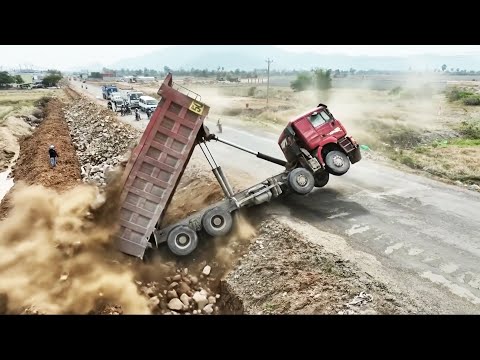 WOW!! OMG!! Next Level Skills!! Goes Wrong Side Road Foundation Technology Truck Side Dumping Skills