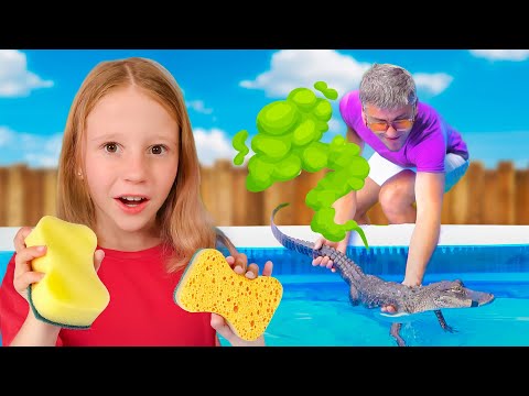 Có cá sấu trong hồ bơi! Nastya cố gắng làm sạch nó