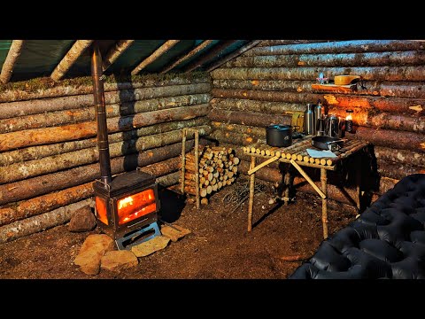 RUSTIC BUSHCRAFT CABIN - Building Stone Hearth & Table - Cozy Warm Camping - Beef Stew on Wood Stove