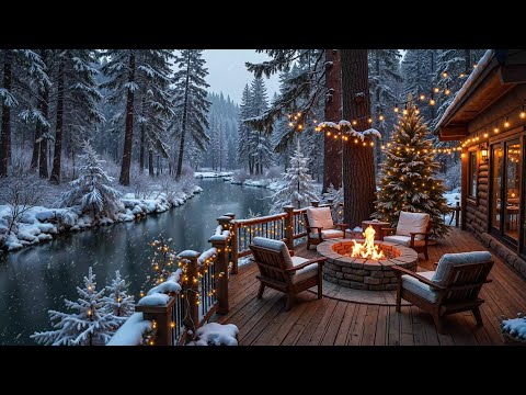 Snow Falling Piano Music by the River ❄️🔥 Cozy Christmas Porch Campfire & Nature Sounds Ambience
