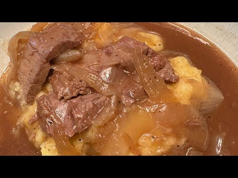 London Broil with Onion Gravy & Garlic Mashed Potatoes