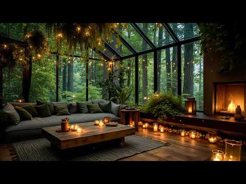 Relaxing Piano Jazz & Rain in a Cozy Cabin Ambience 🌲 Crackling Fireplace for Deep Focus