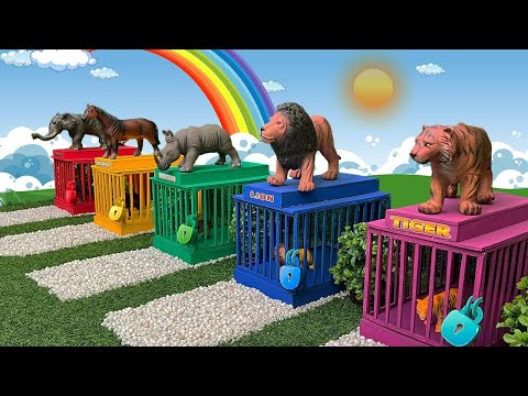 Animales bebé se encuentran extraterrestres verdes rinoceronte, caballo, elefante, tigre y león