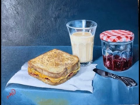still life oil painting time-lapse, glass cup & bread oil painting