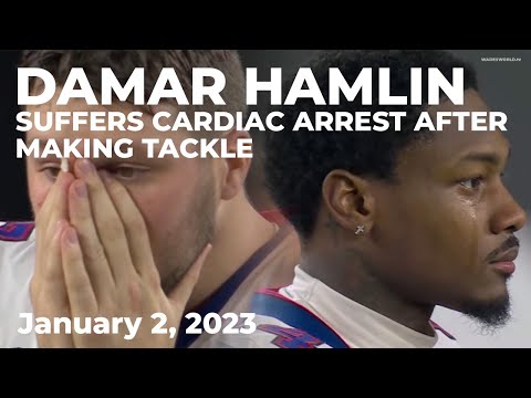 Bills S Damar Hamlin suffers cardiac arrest after making tackle & receives CPR+AED; game postponed