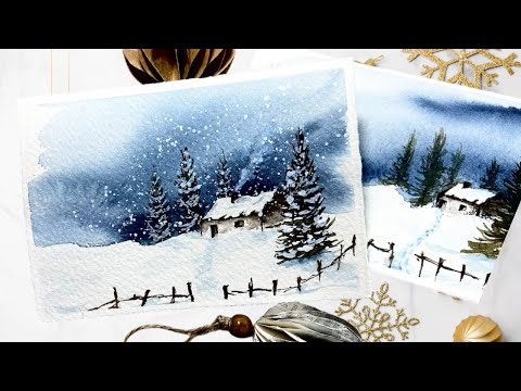 Paint a Cozy Winter Cabin in Snow - Easy Watercolor Tutoria