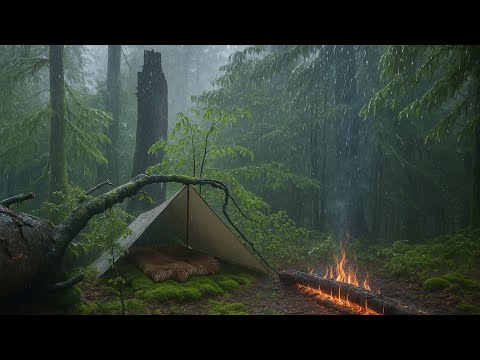 Extreme Rain Bushcraft | 2 Days Solo Survival in Hidden Forest Shelter