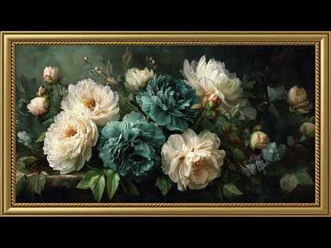 Vintage Beautiful Peonies and Roses Arragementents Painting | Gold Frame TV Art | Screensaver for TV
