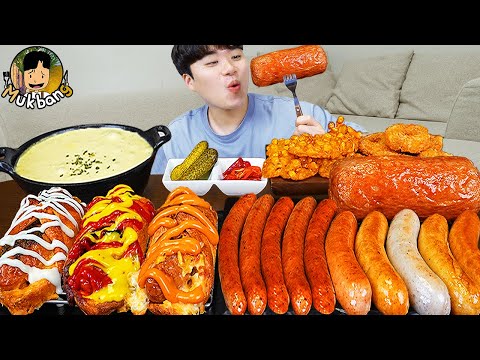 ASMR MUKBANG 직접 만든 대왕 소세지 불닭볶음면 핫도그 쉬림프링 먹방 & 레시피 FIRE NOODLES AND SAUSAGE EATING SOUND!