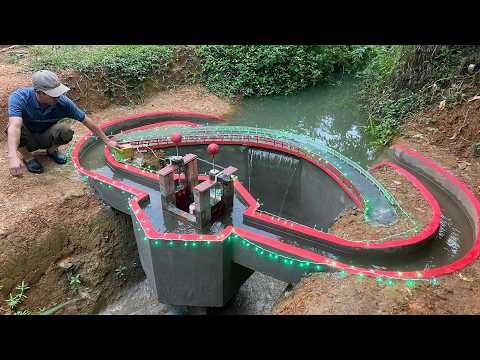 Building a mini curved hydroelectric dam with unique turbines