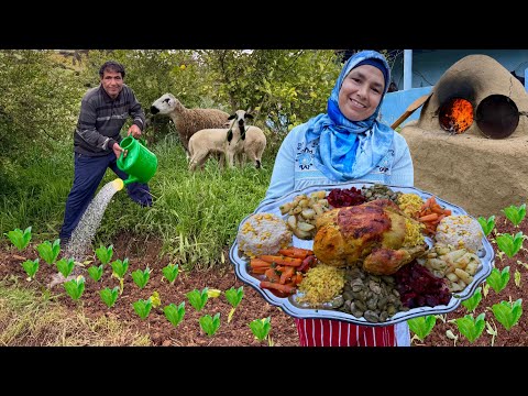 Stuffed Chicken with Rice in a Traditional Oven and Planting Lettuce in the Garden