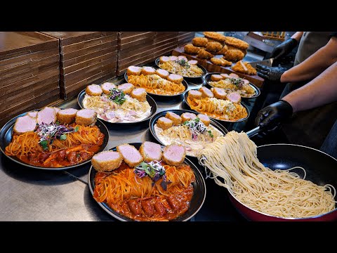 100 Bowls Sold Out  in 1 Hour?! Insane Japanese Tonkatsu & Pasta Combo / Korean street food