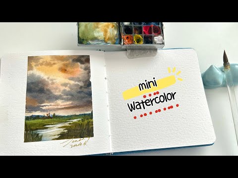 Mini watercolor landscape painting, watercolor sky and creek