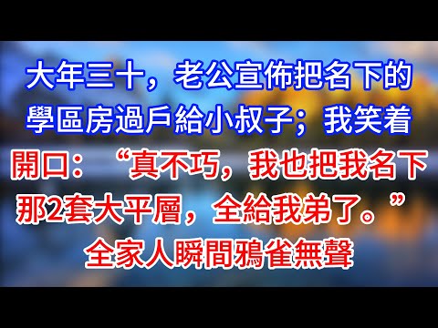 【完結】大年三十，老公宣佈把名下的學區房過戶給小叔子；我笑着開口：“真不巧，我也把我名下那2套大平層，全給我弟了。”全家人瞬間鴉雀無聲