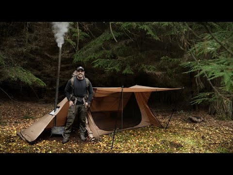 Camping in Dark Forest with Woodstove & Hot Tent