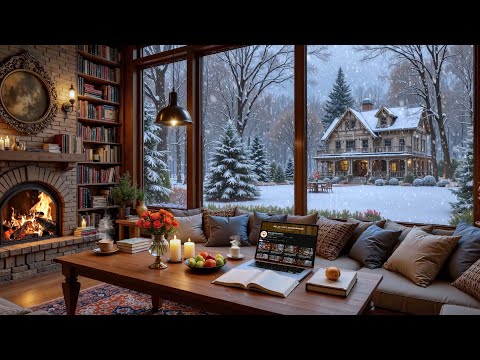 Tranquil Winter Coffee Shop ❄️ Gentle Jazz Piano & Fireplace Sounds for Study & Work