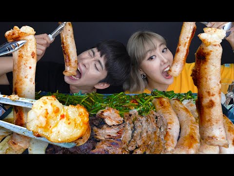 SUB) ASMR MUKBANG 개쫄~~깃! 육즙막터지는 미친소리ㅠㅠ곱창대창막창을 통째로! 양념부추 가득올려서 냠냠! Grilled Beef intestines mukbang