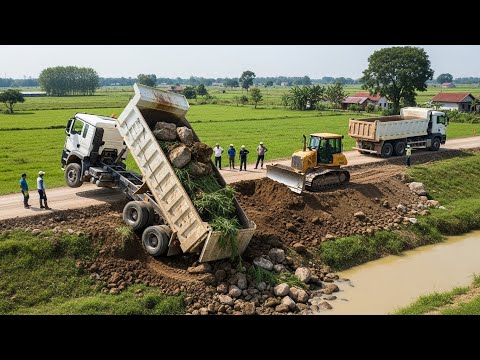 Rural Road Construction | Dump Truck & Bulldozer Reinforcing a Drainage Crossing