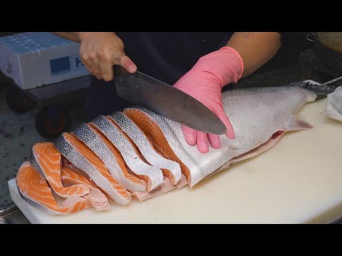 Salmon Cutting Skills, Salmon Steaks / 鮭魚切割技巧, 鮭魚肉排 - Fish Market in Taiwan