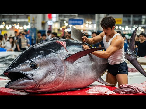 Hot Guy vs 485kg Sea Monster Bluefin Tuna Who Cuts Who? #TunaBattle