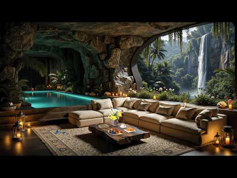 Tranquil Jazz In The Cave Retreat | Smooth Jazz & Waterfall View Ambience For Focus & Calm