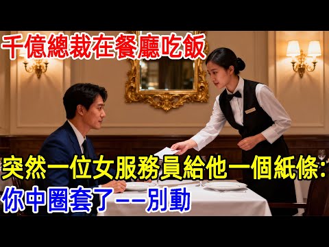 千億總裁在餐廳吃飯,突然一位女服務員給他一個紙條:你中圈套了——別動#故事頻道 #故事分享 #情感#臺灣#情感故事#幸福人生