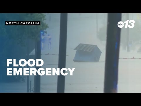 Dumpster washed away by rising floodwaters in North Carolina: Emergency evacuations