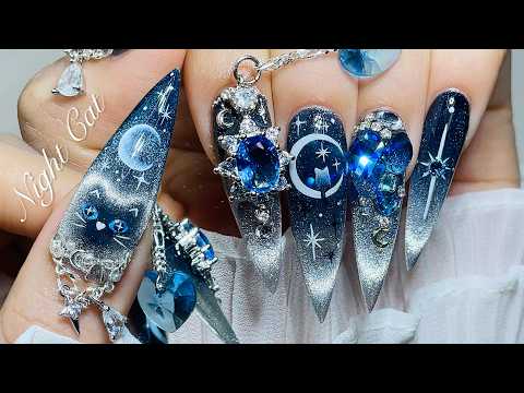 Nail ASMR | Night Cat Nail Art with Cat Eye Gel 🌘🐈‍⬛ Gel Extension / Ombre Magnetic Nails