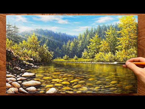 Techniques for painting transparent stream water / Stream and forest landscapes / Acrylic painting.
