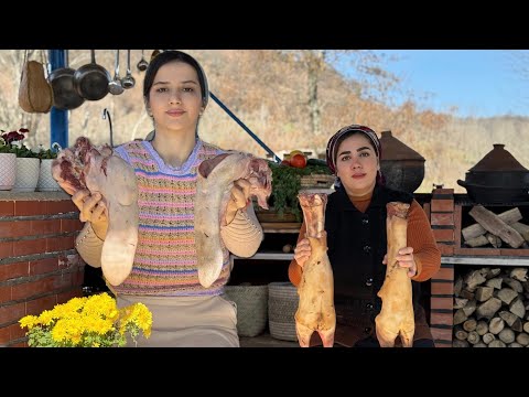 Cooking veal tongue with mushroom sauce, veal foot soup and bulky bread