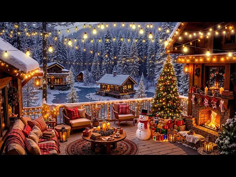 Cozy Winter Porch Ambience❄️Snowy Lake View, Crackling Fire Sounds & Soft Piano Jazz for Relax, Work