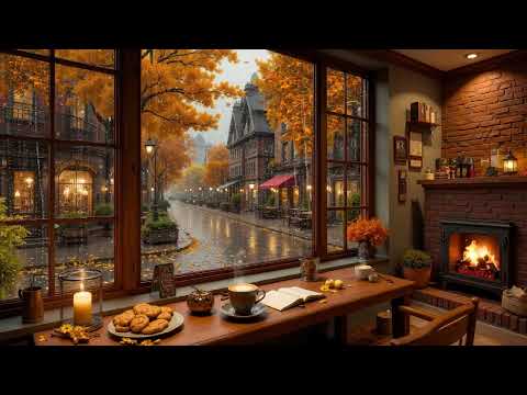 Relaxing Autumn Café Ambience 🍁 Jazz, Rain & Fireplace for Work or Study